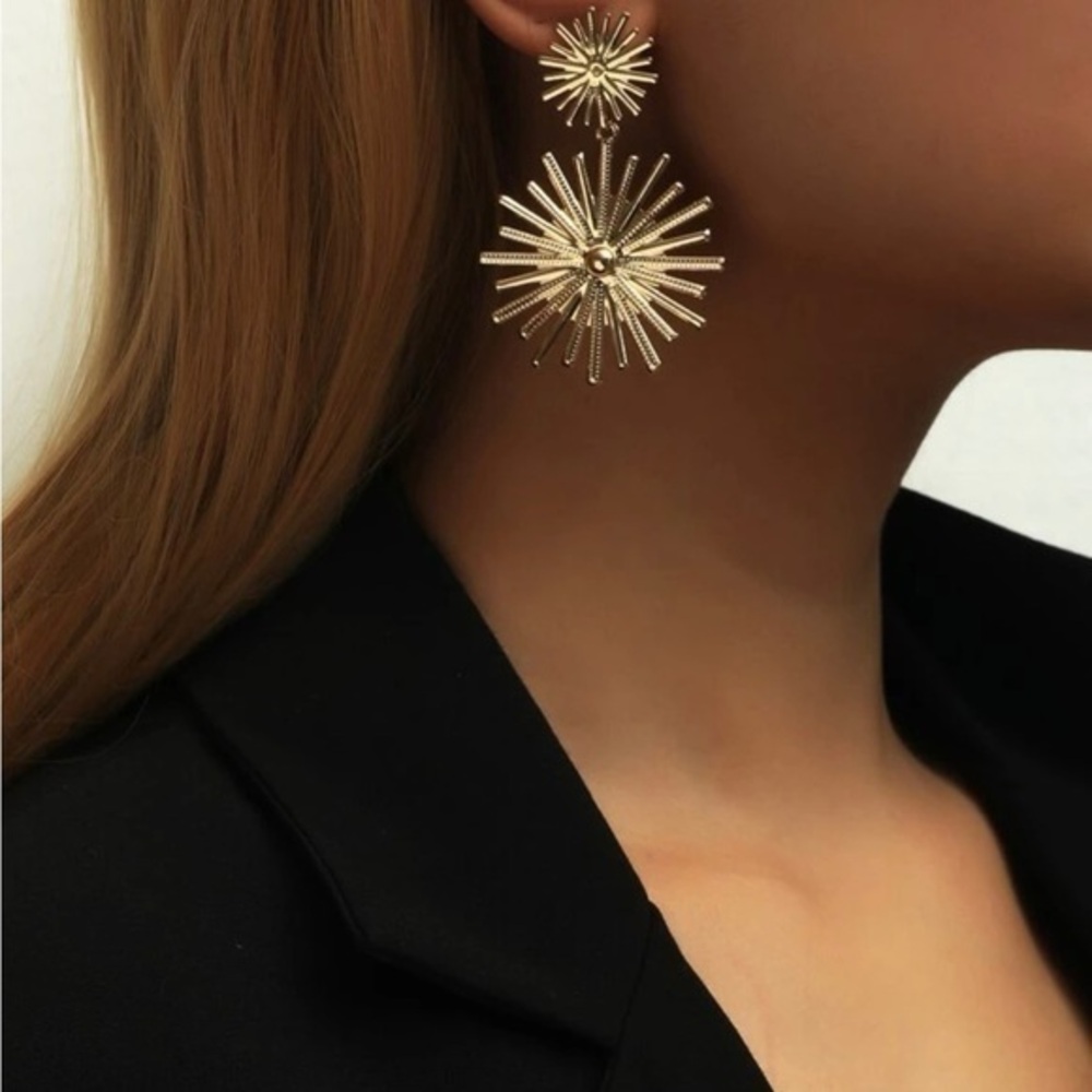 Gold Sunburst Drop Earrings Statement Celestial Sun Ray Jewelry